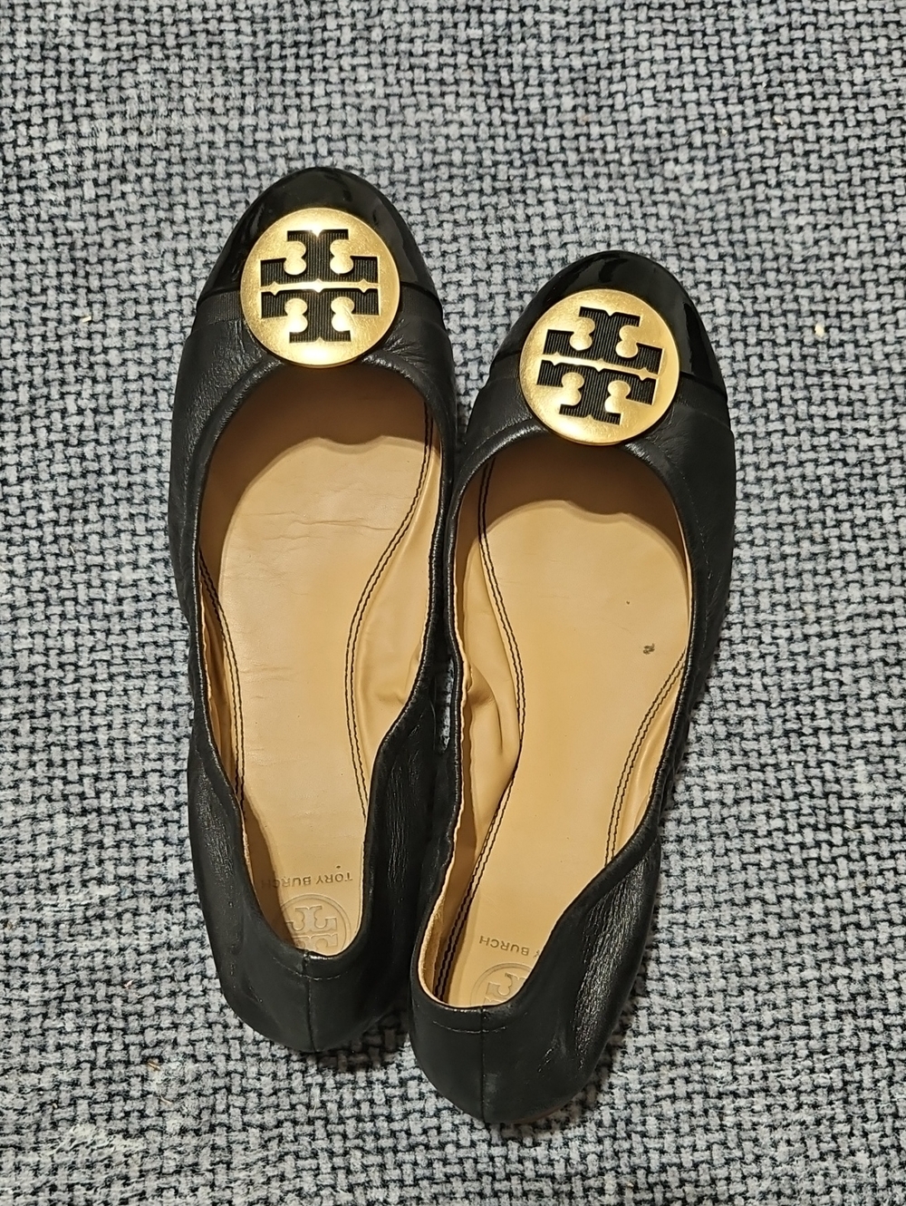 Tory Burch Black Leather Reva Ballet Flats with Gold Logo
